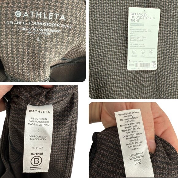 SOLD Athleta Delancey Houndstooth Tight Pants Black Brown Large Back Zip Pockets - Picture 14 of 14